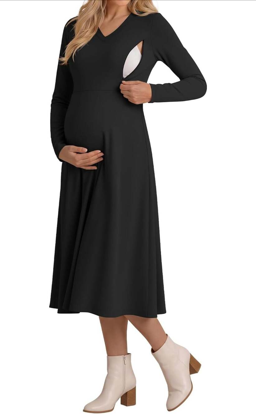 Huukeay Maternity Dress Long Sleeve V Neck Ribbed Black XL